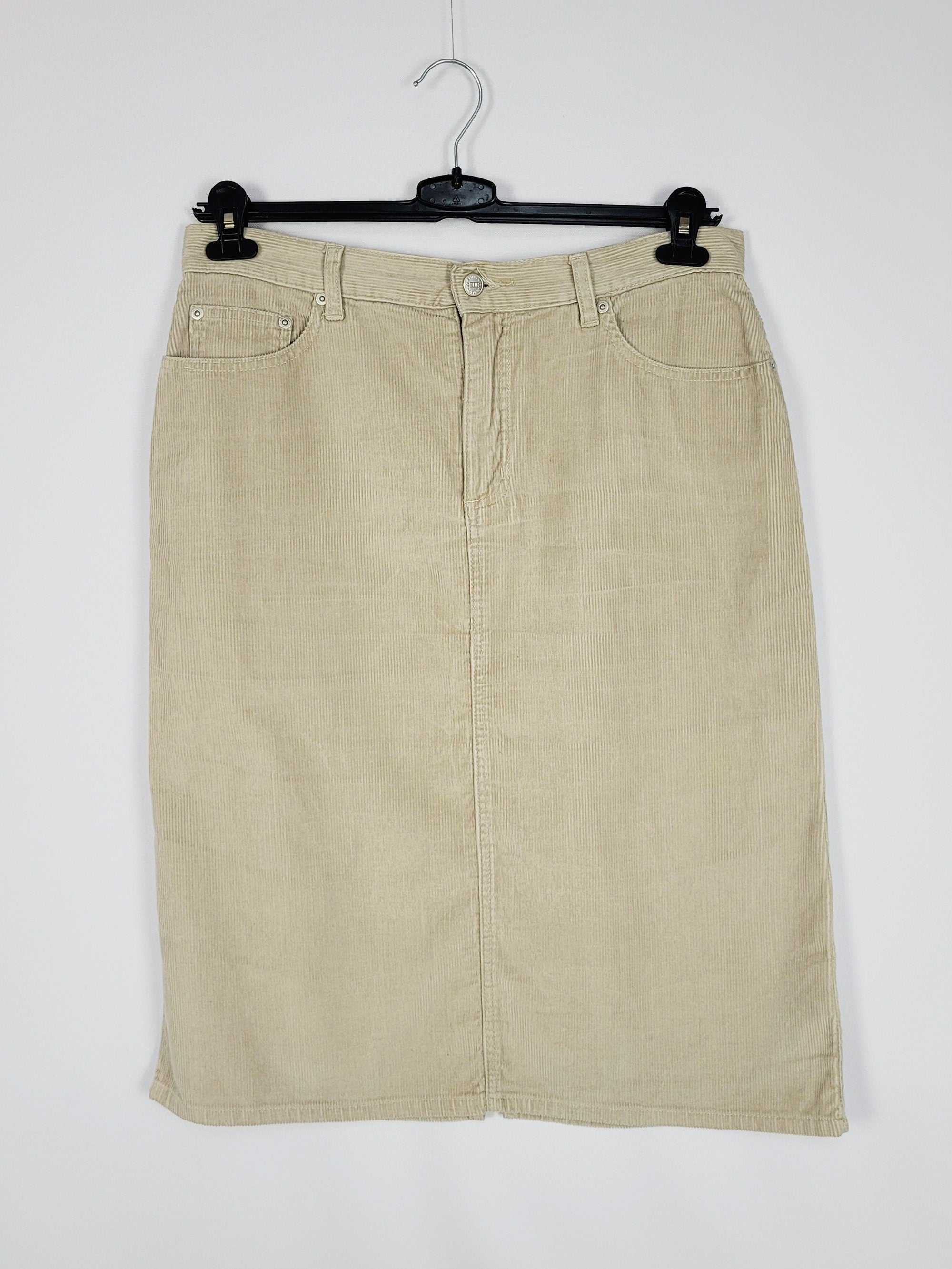 90s retro beige corduroy minimalist midi pencil skirt