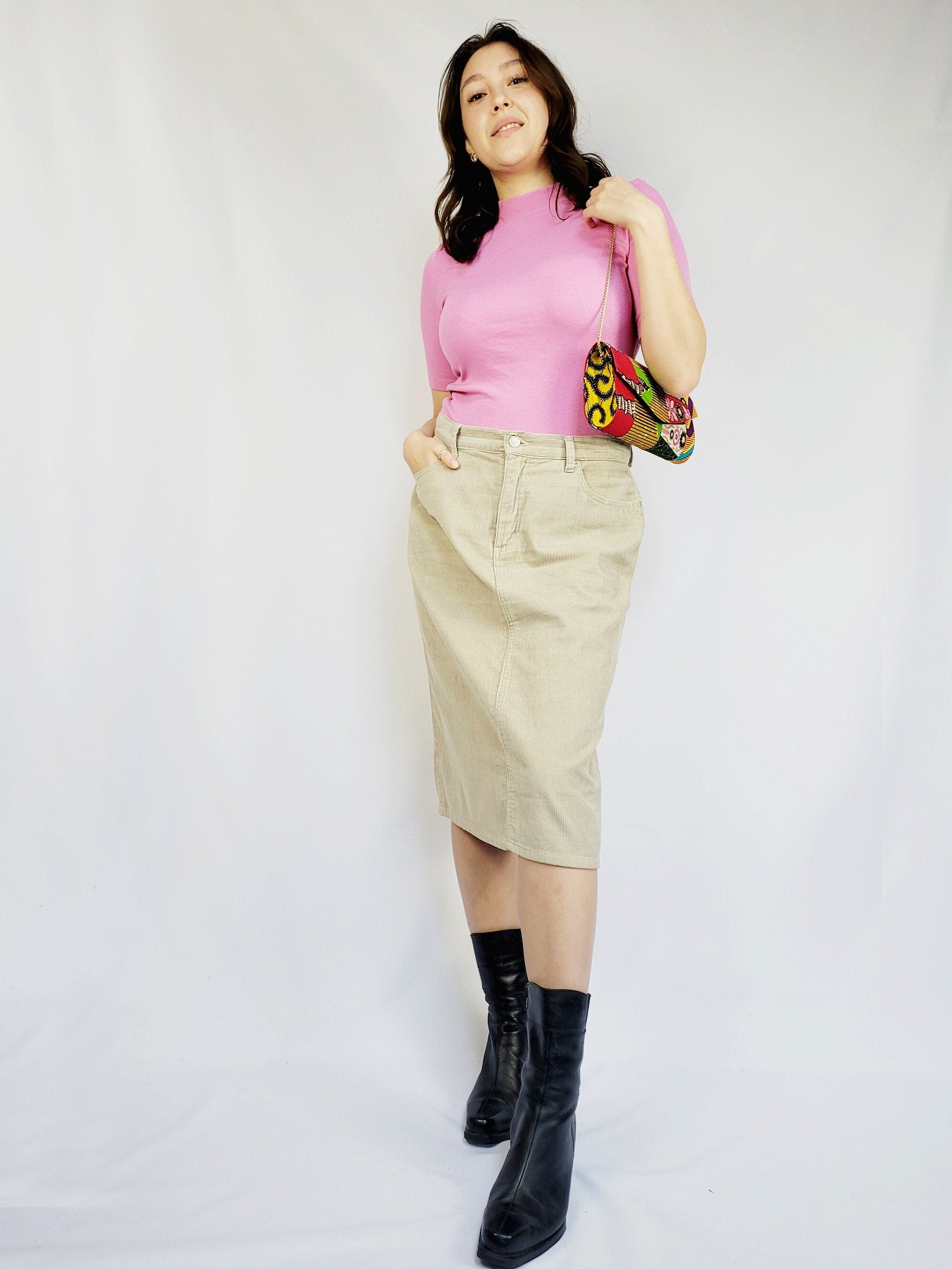 90s retro beige corduroy minimalist midi pencil skirt