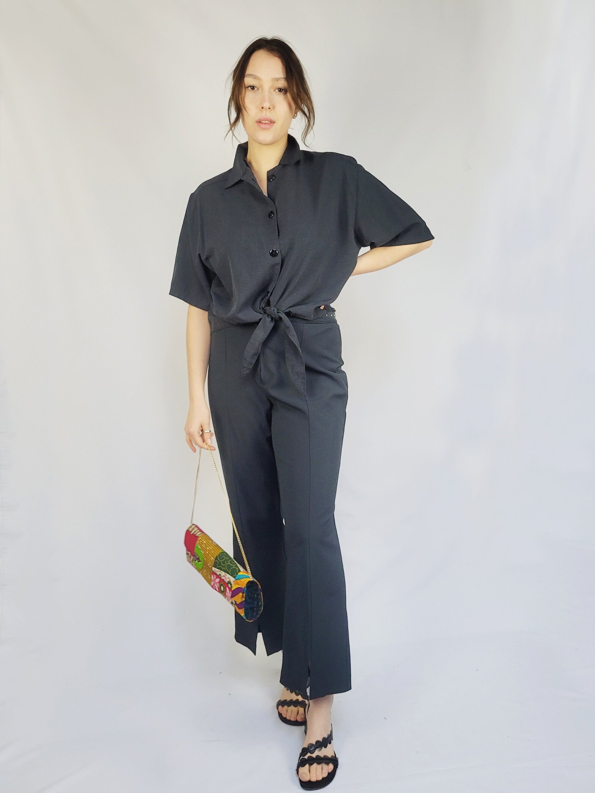 90s black minimalist basic button & tie up blouse top