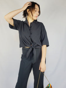 90s black minimalist basic button & tie up blouse top