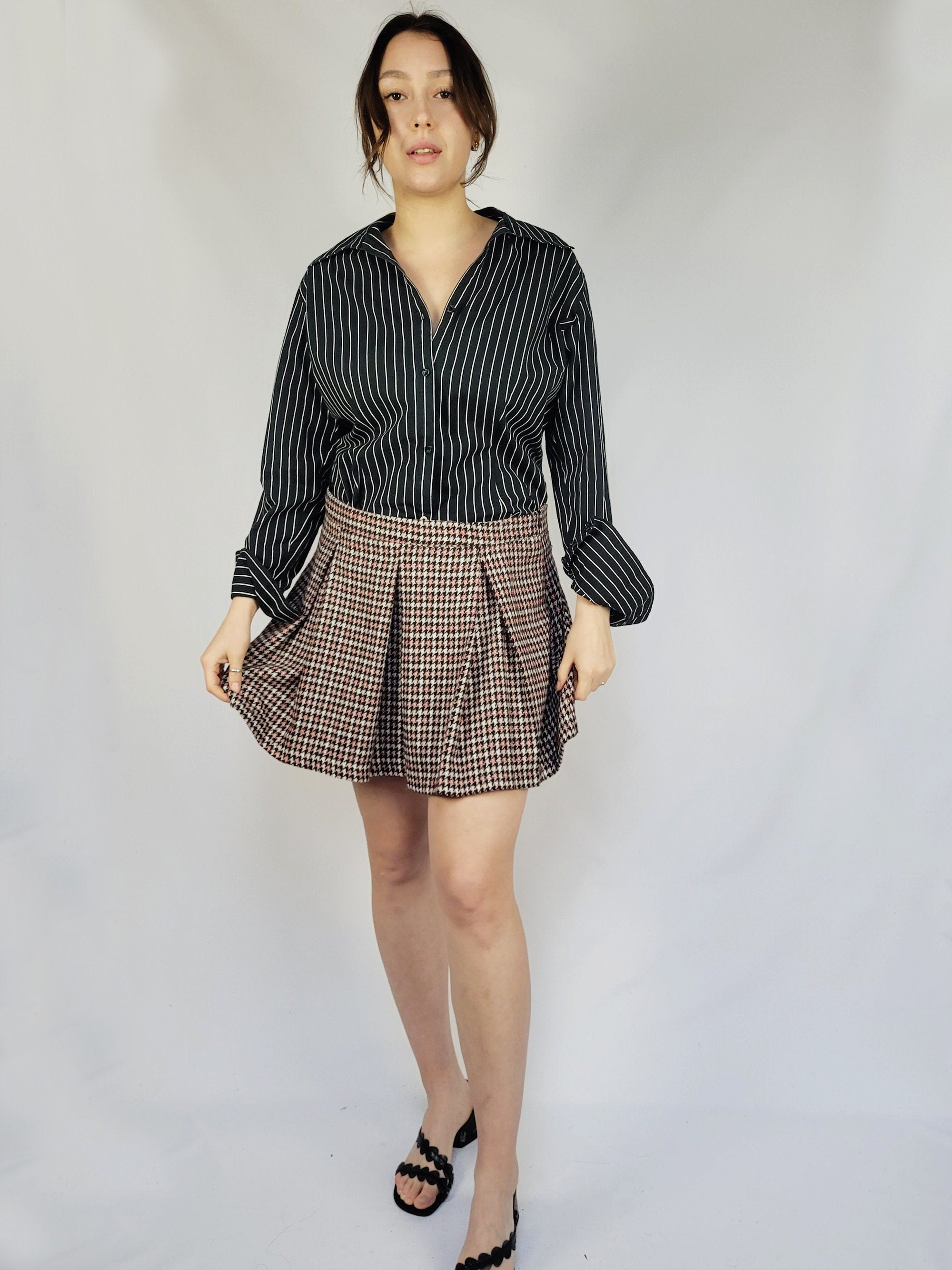 00s Y2K houndtooth minimalist pleated Grunge mini skirt