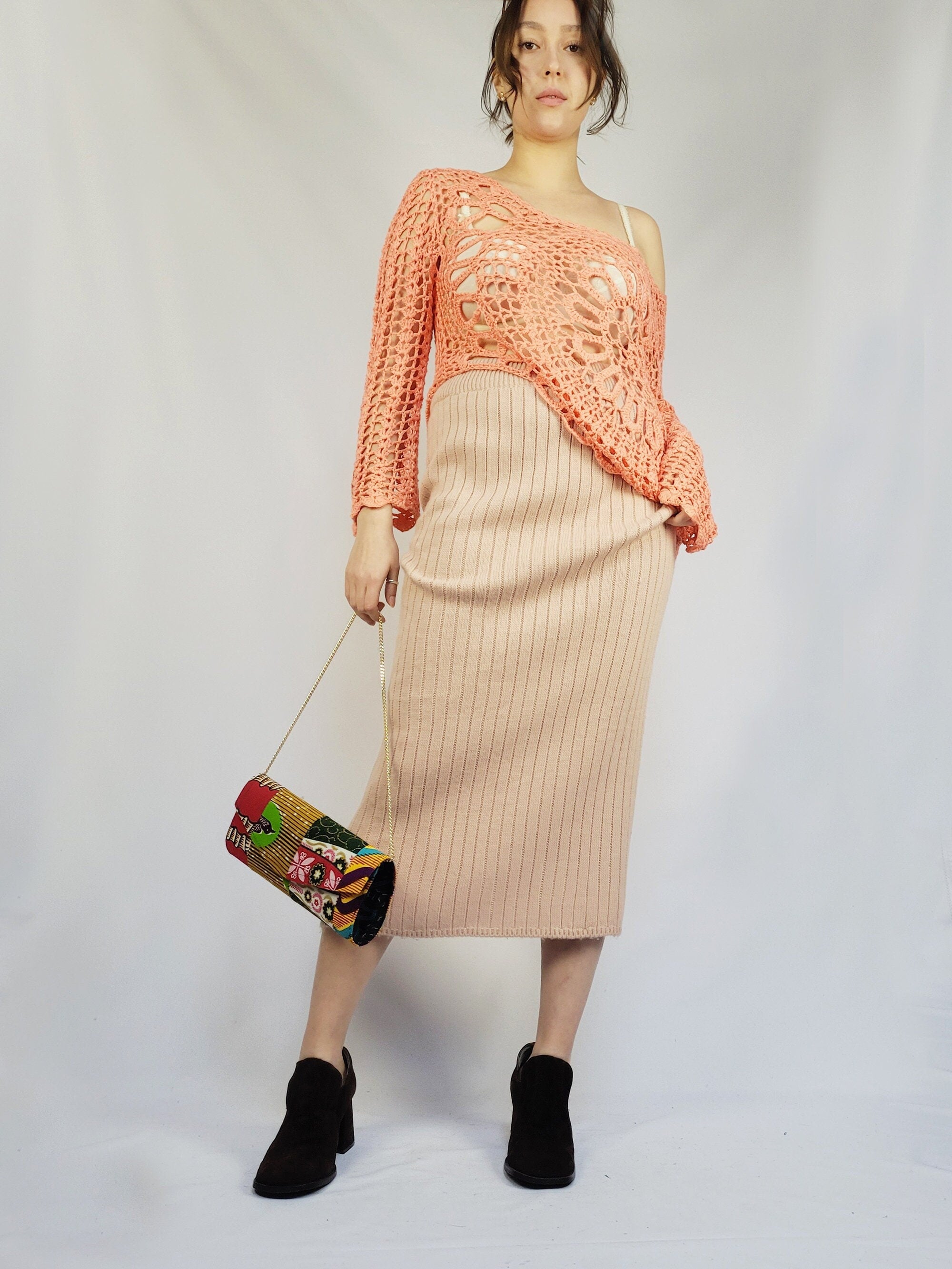 90s pink woolen ribbed knit minimalist maxi straight skirt