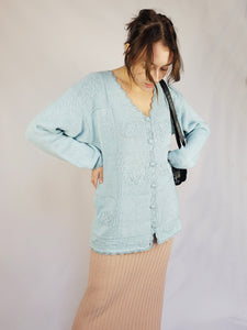 90s baby blue minimalist beaded embroidered cardigan sweater