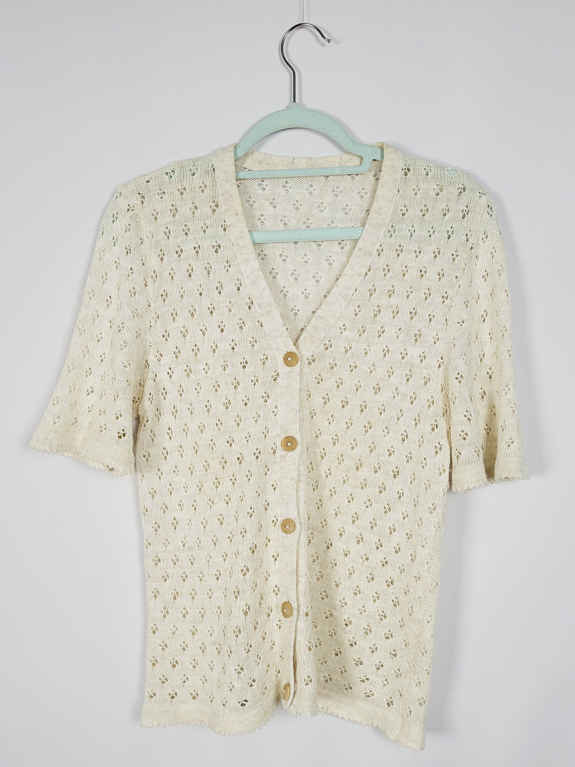 90s minimalist cream cable knit short sleeve buttons top