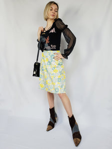 70s vintage pastel colorful handmade floral mid summer skirt