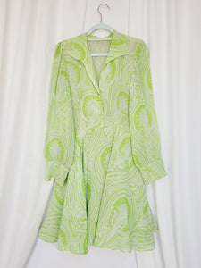 70s retro handmade green paisley print flare midi dress