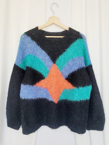 Retro 90s black handknit color block front oversize sweater