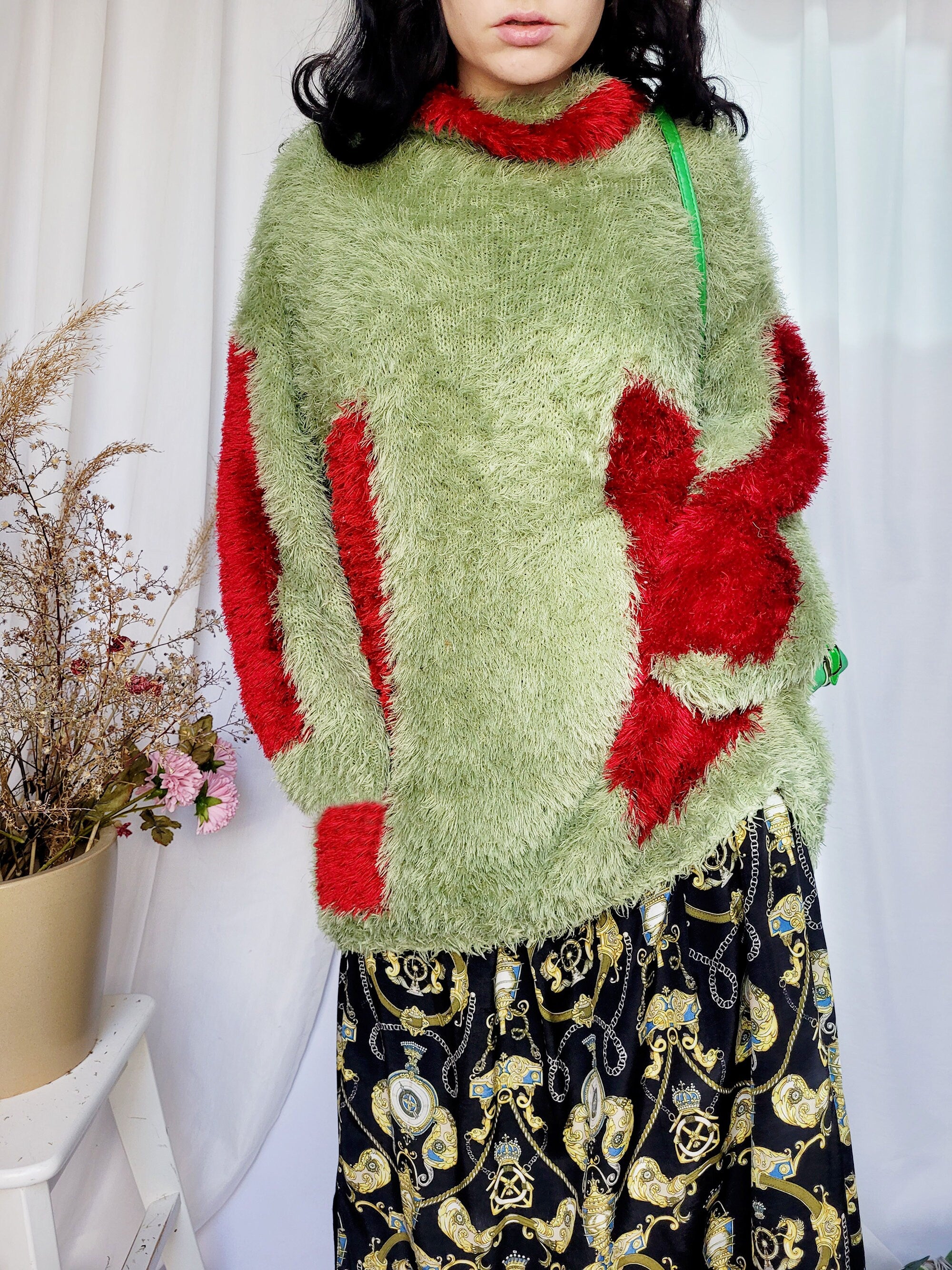 90s handknit green & red fluffy furry slouchy sweater top