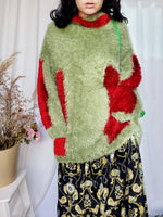 Load image into Gallery viewer, 90s handknit green &amp; red fluffy furry slouchy sweater top
