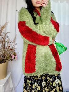 90s handknit green & red fluffy furry slouchy sweater top