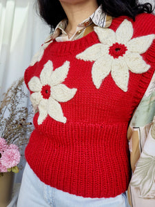 Handmade red floral pattern cable knit sleeveless sweater, MELLINA VINTAGE knitted top, S-M size, Woolen knitwear
