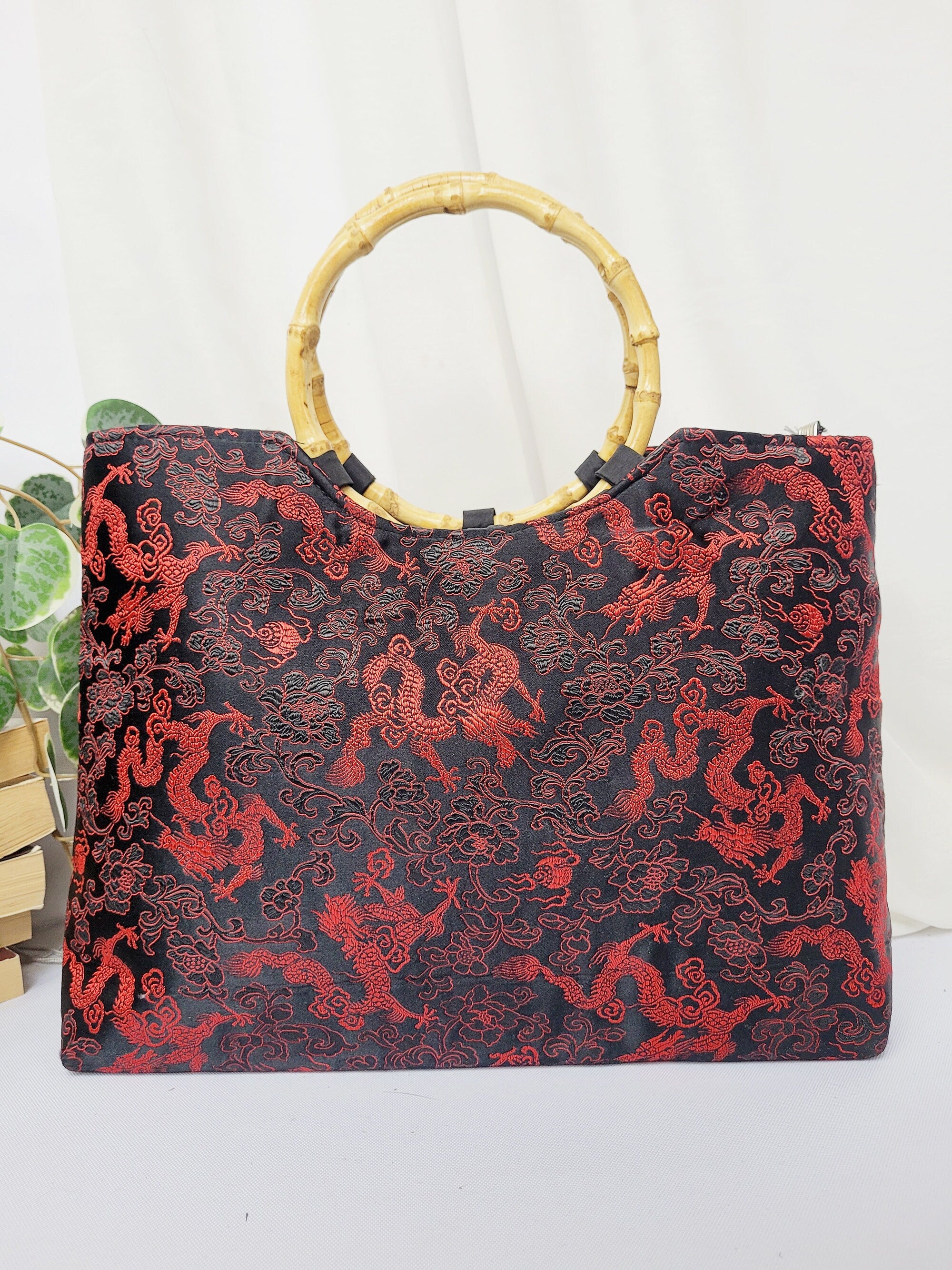 90s black & red Chinese dragon embroidery tote handbag