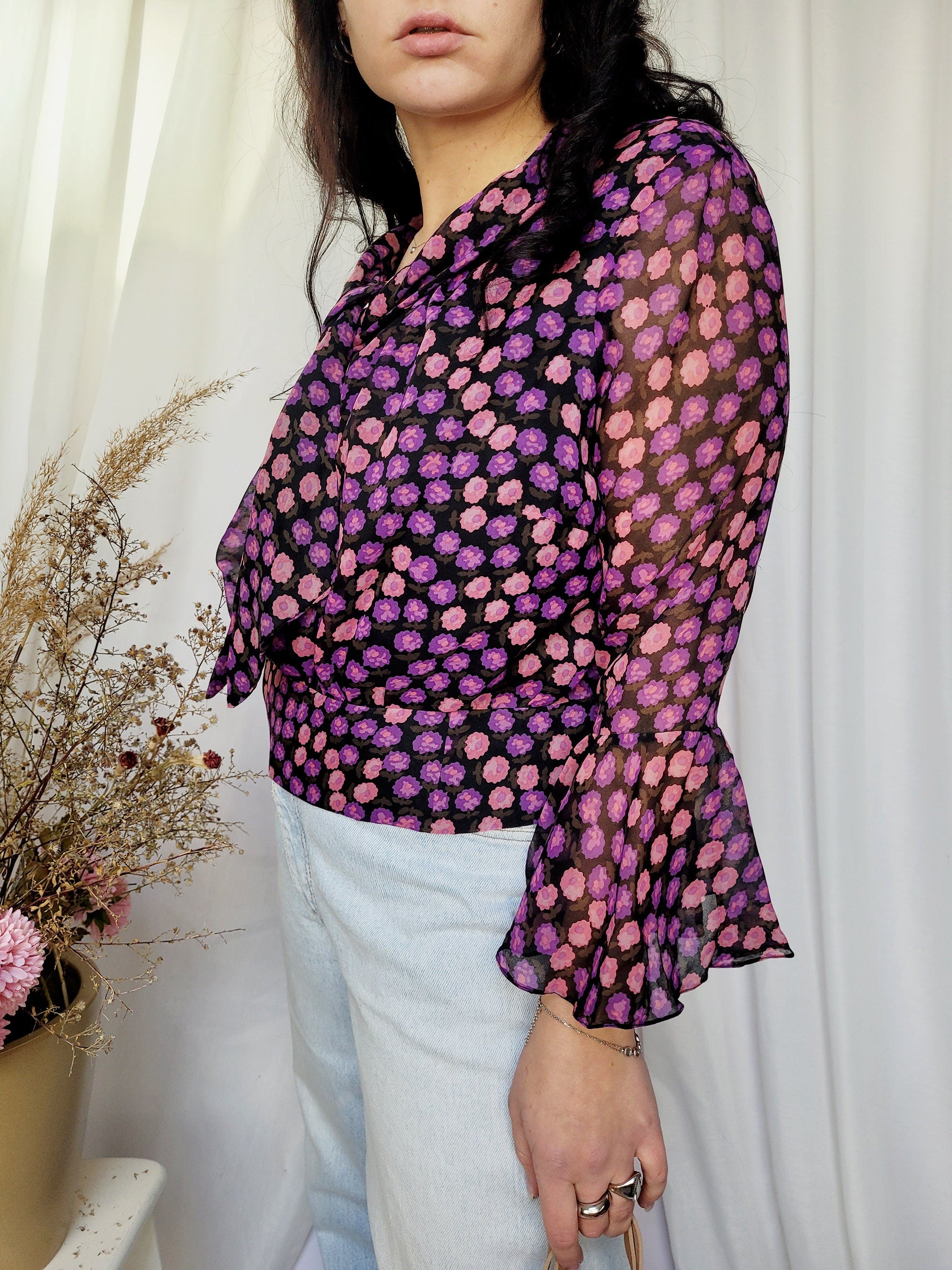 80s purple floral flare sleeve bow collar smart blouse top
