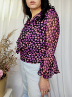 Load image into Gallery viewer, 80s purple floral flare sleeve bow collar smart blouse top
