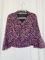 Load image into Gallery viewer, 80s purple floral flare sleeve bow collar smart blouse top

