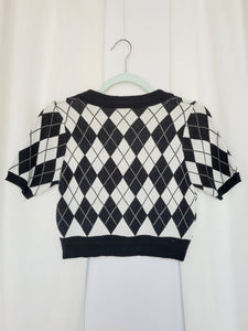 90s retro monochrome argyle knit short sleeve buttons top