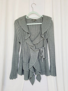 90s vintage grey knit ruffle drape wrap front cardigan top