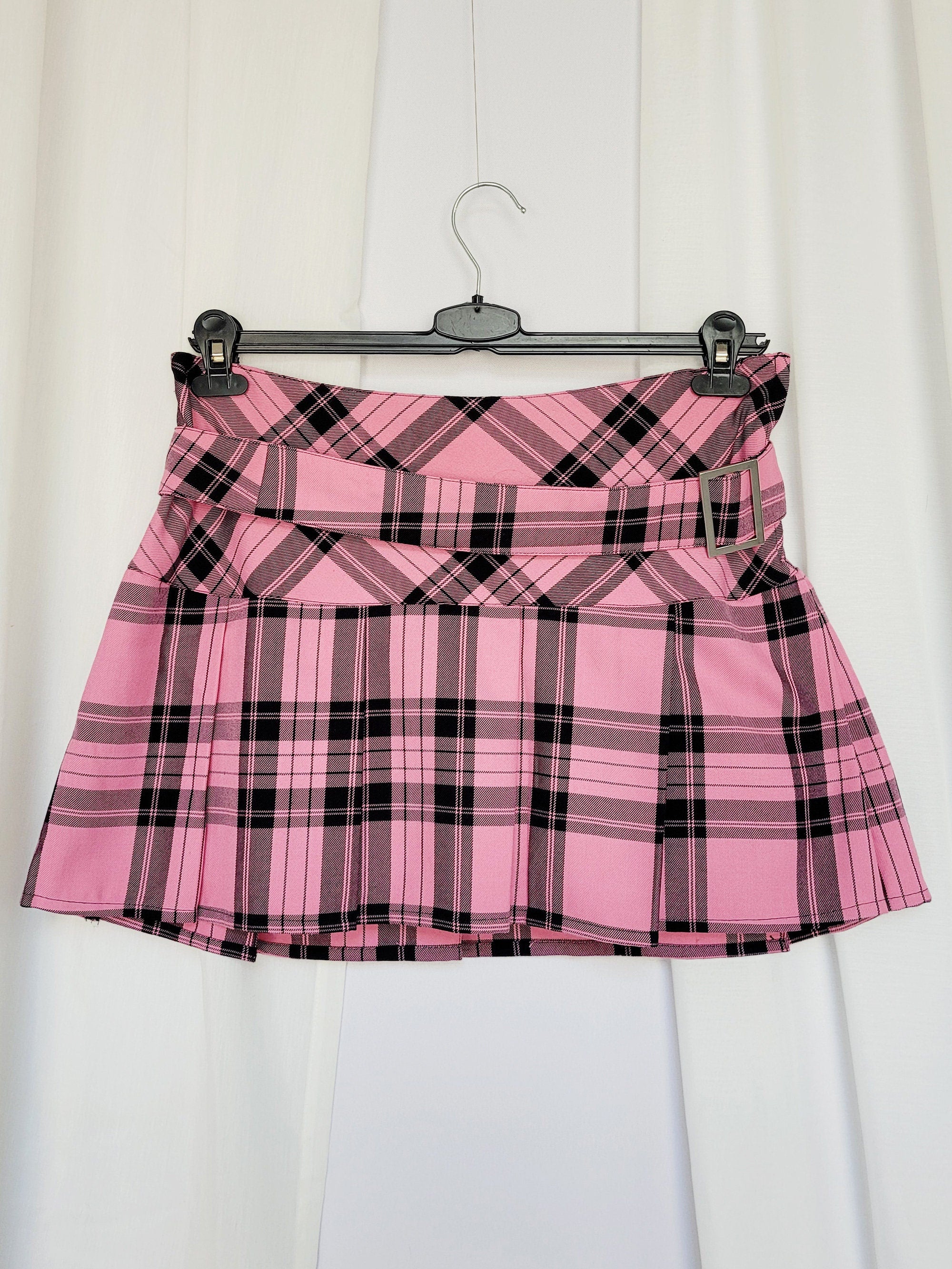 00s Y2K pink checked minimalist pleated Grunge mini skirt