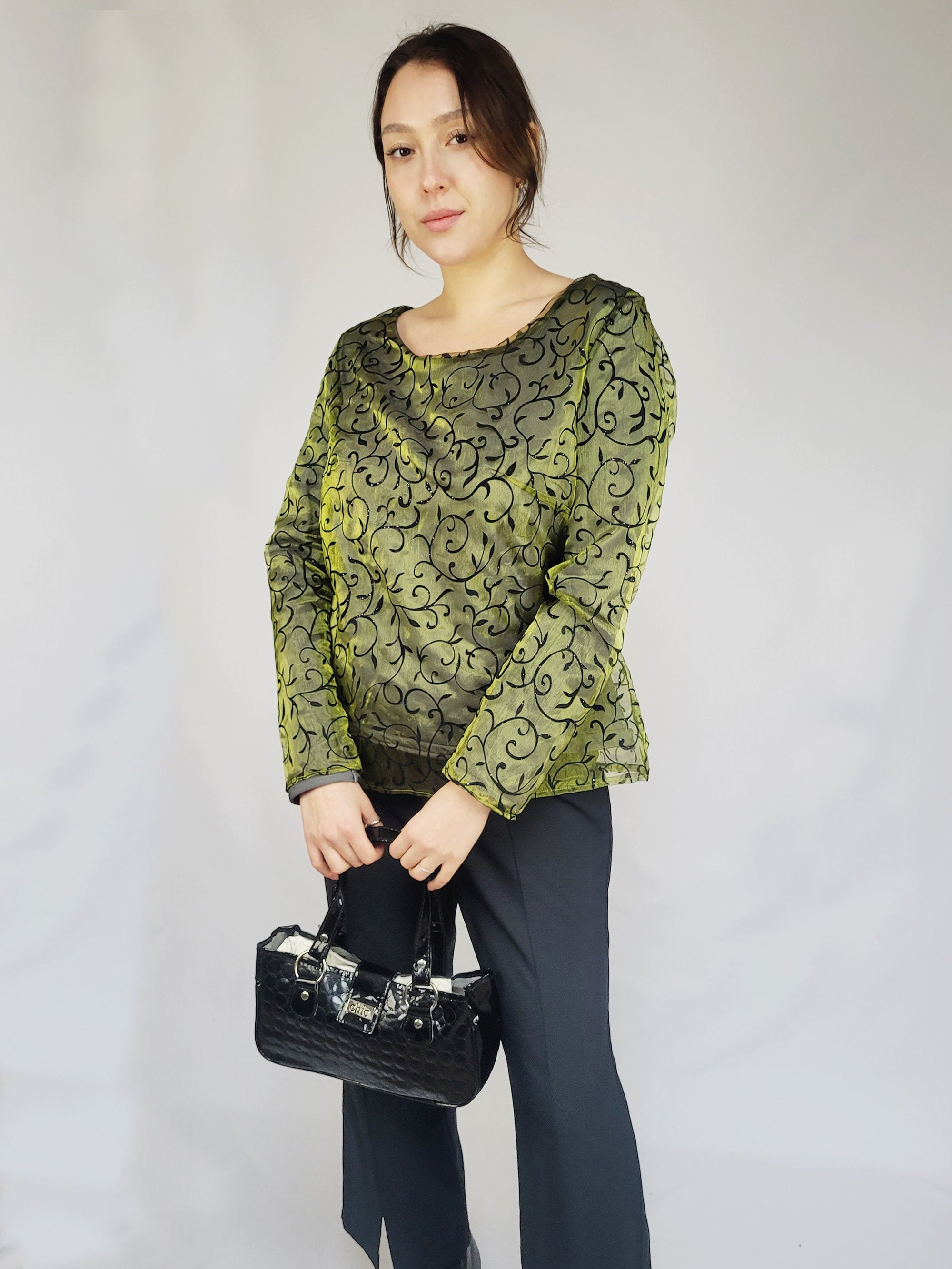 90s retro floral shimmer organza green Party blouse top