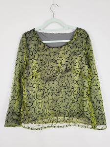 90s retro floral shimmer organza green Party blouse top