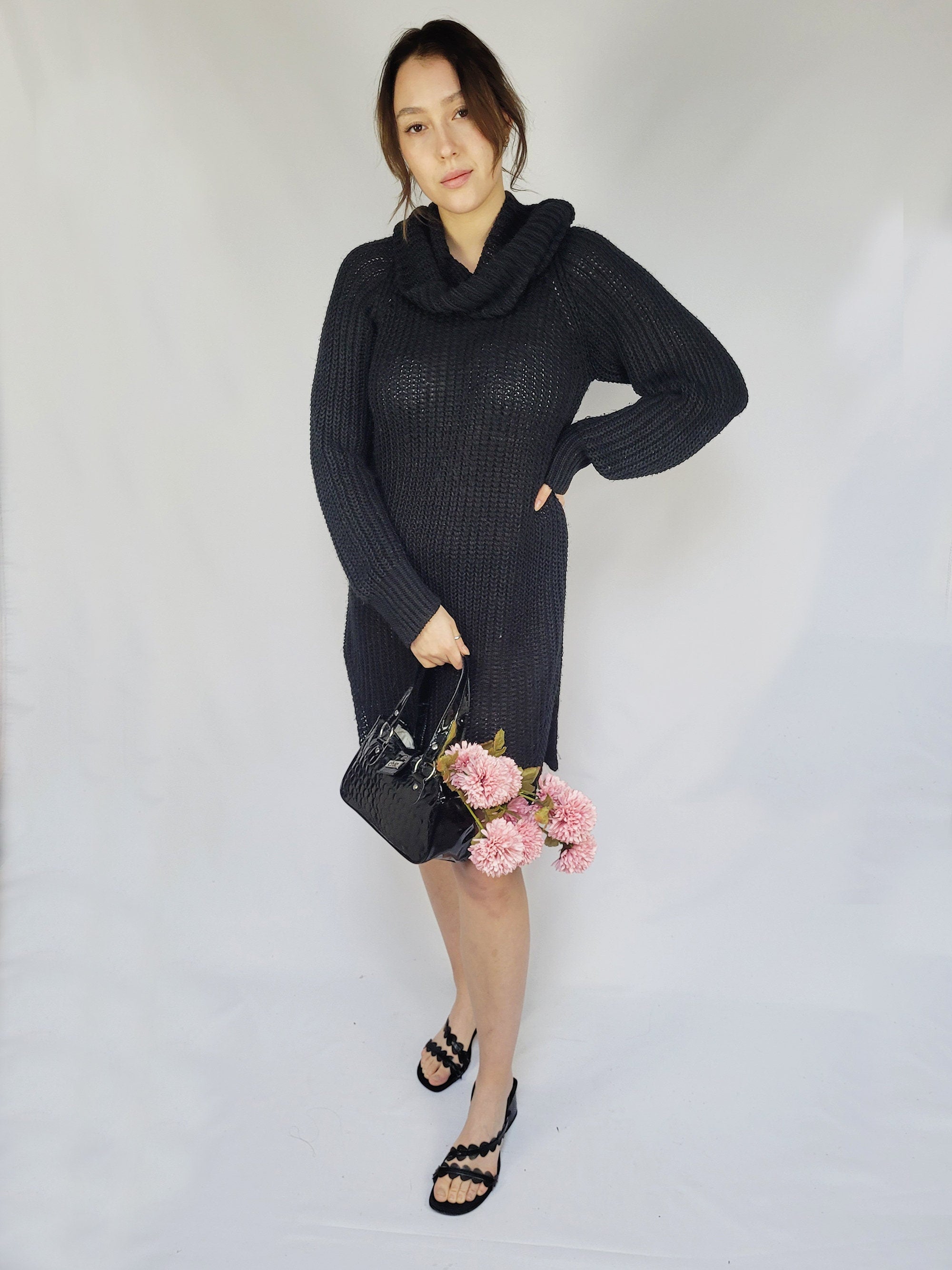 Y2K 00s minimalist black cable knit chunky oversized dress