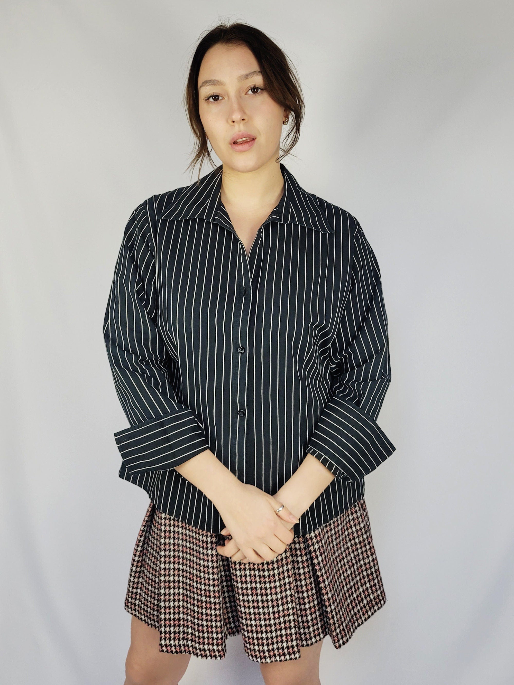 90s retro black striped smart casual preppy shirt blouse