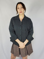 Load image into Gallery viewer, 90s retro black striped smart casual preppy shirt blouse
