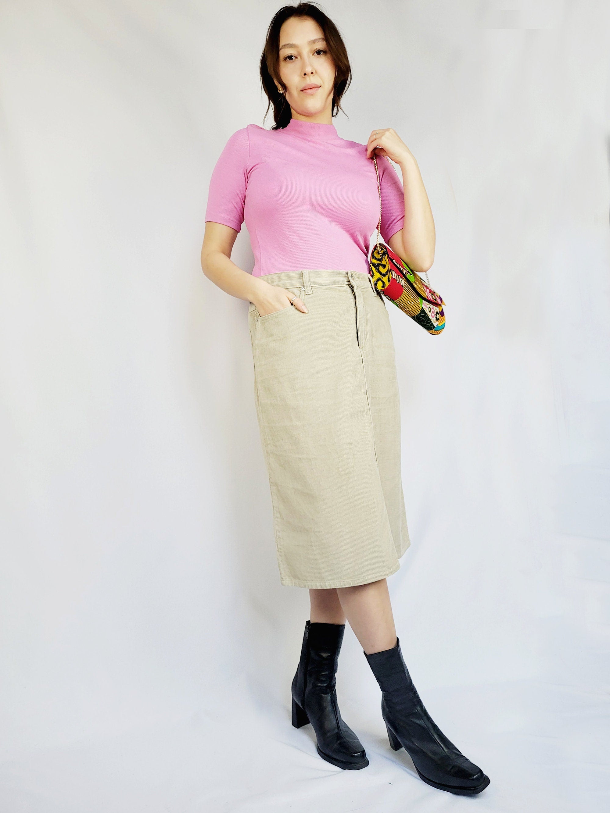 90s retro beige corduroy minimalist midi pencil skirt