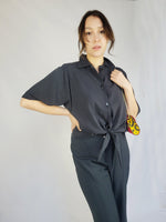 Load image into Gallery viewer, 90s black minimalist basic button &amp; tie up blouse top
