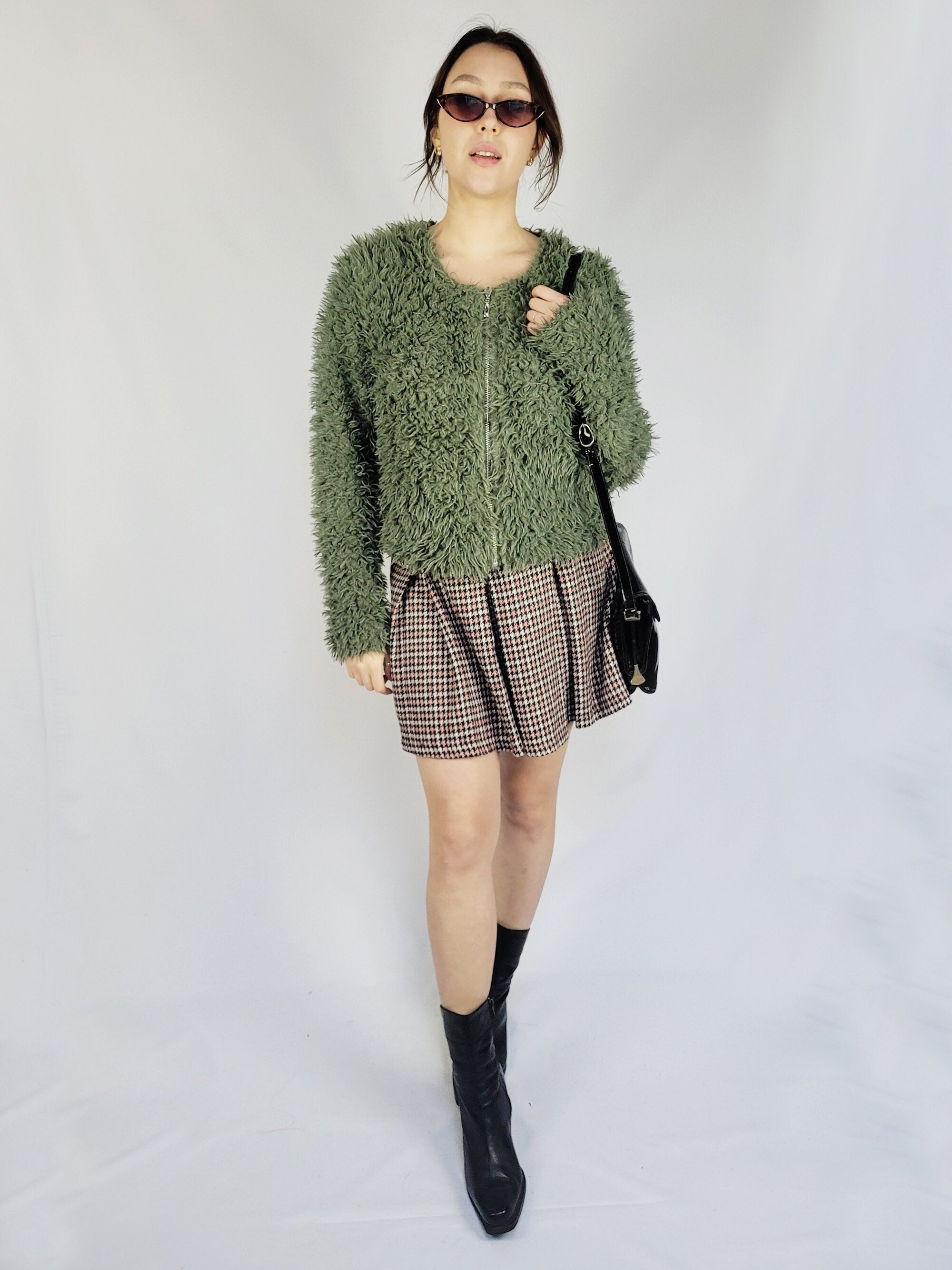 Y2K 00s greenish fluffy furry zip sweatshirt jacket