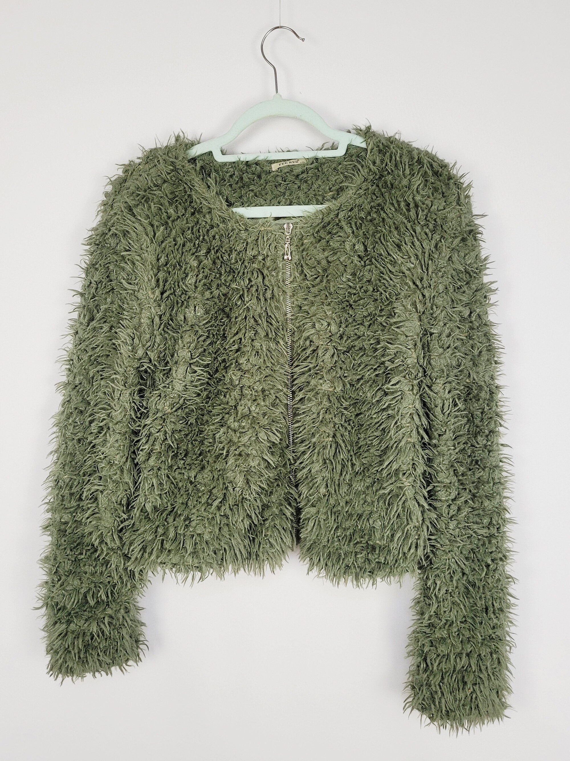 Y2K 00s greenish fluffy furry zip sweatshirt jacket