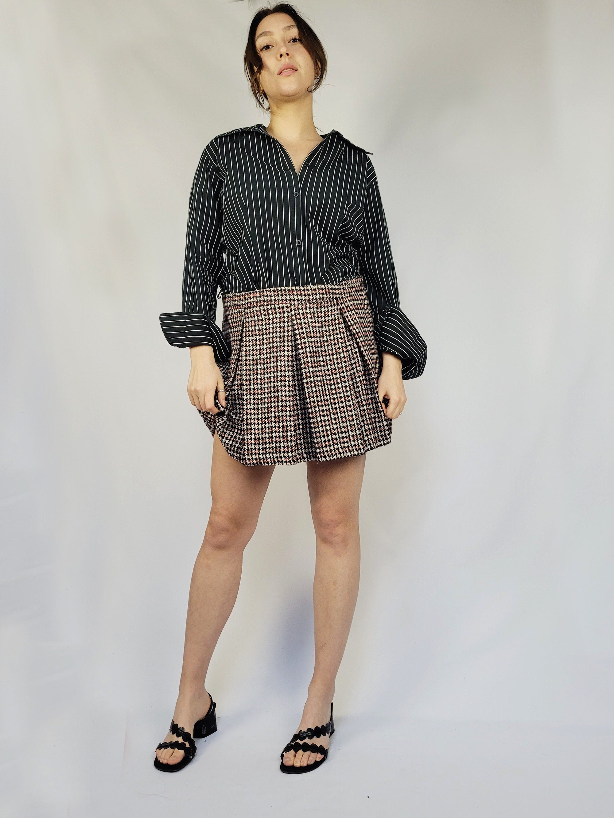 00s Y2K houndtooth minimalist pleated Grunge mini skirt