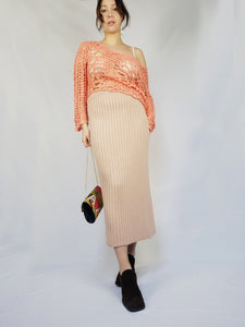 90s pink woolen ribbed knit minimalist maxi straight skirt