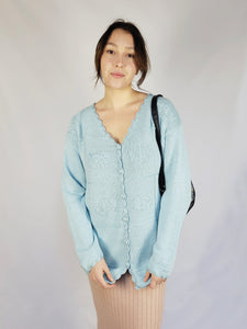 90s baby blue minimalist beaded embroidered cardigan sweater