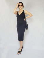 Load image into Gallery viewer, 90s retro black ribbed knit minimalist long ankle midi dress
