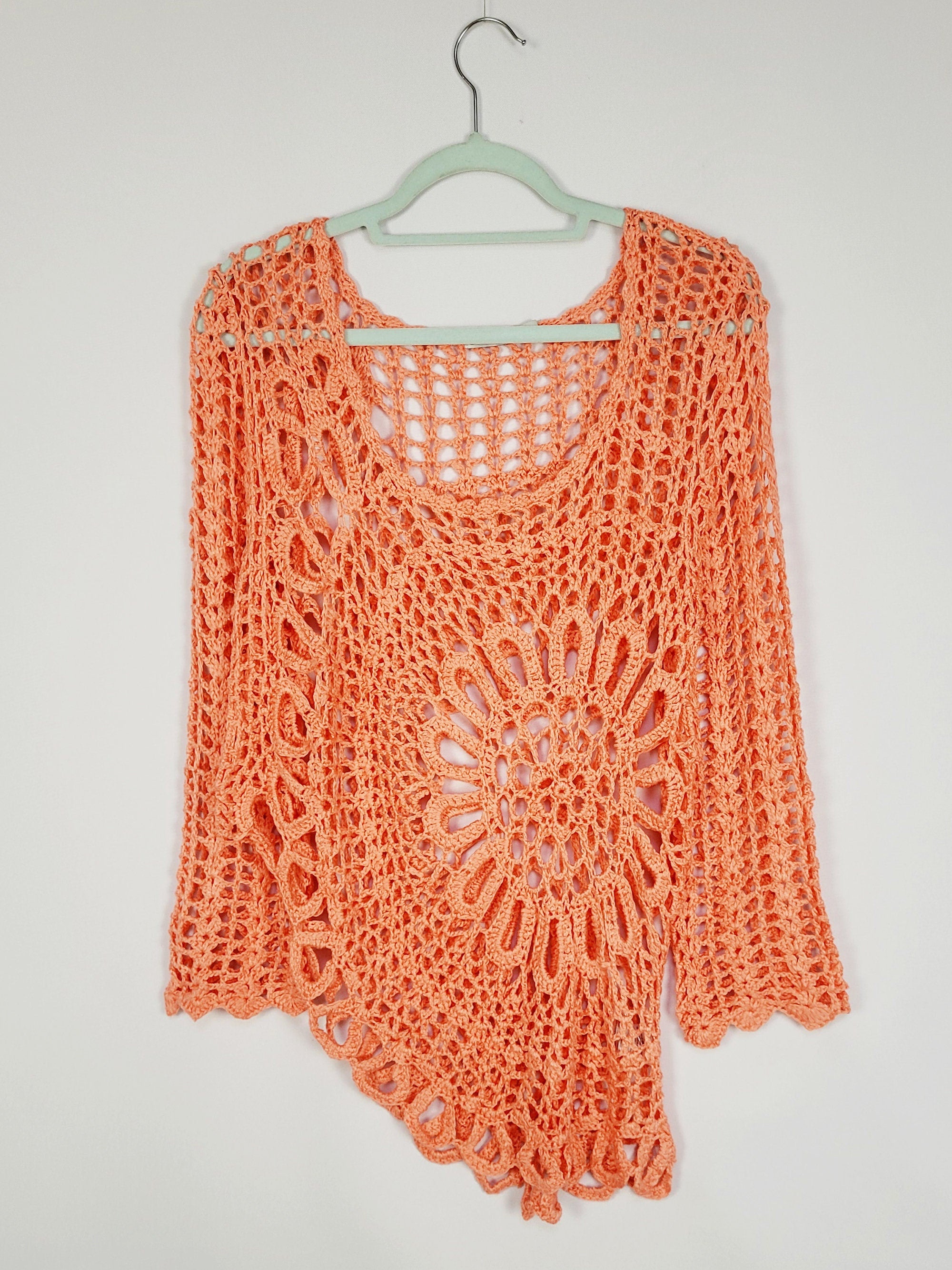 90s pink crochet sheer see through asymmetric sweater top