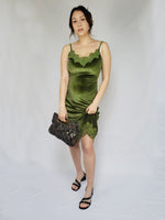 Load image into Gallery viewer, 90s retro moss green velveteen minimalist laces midi dress
