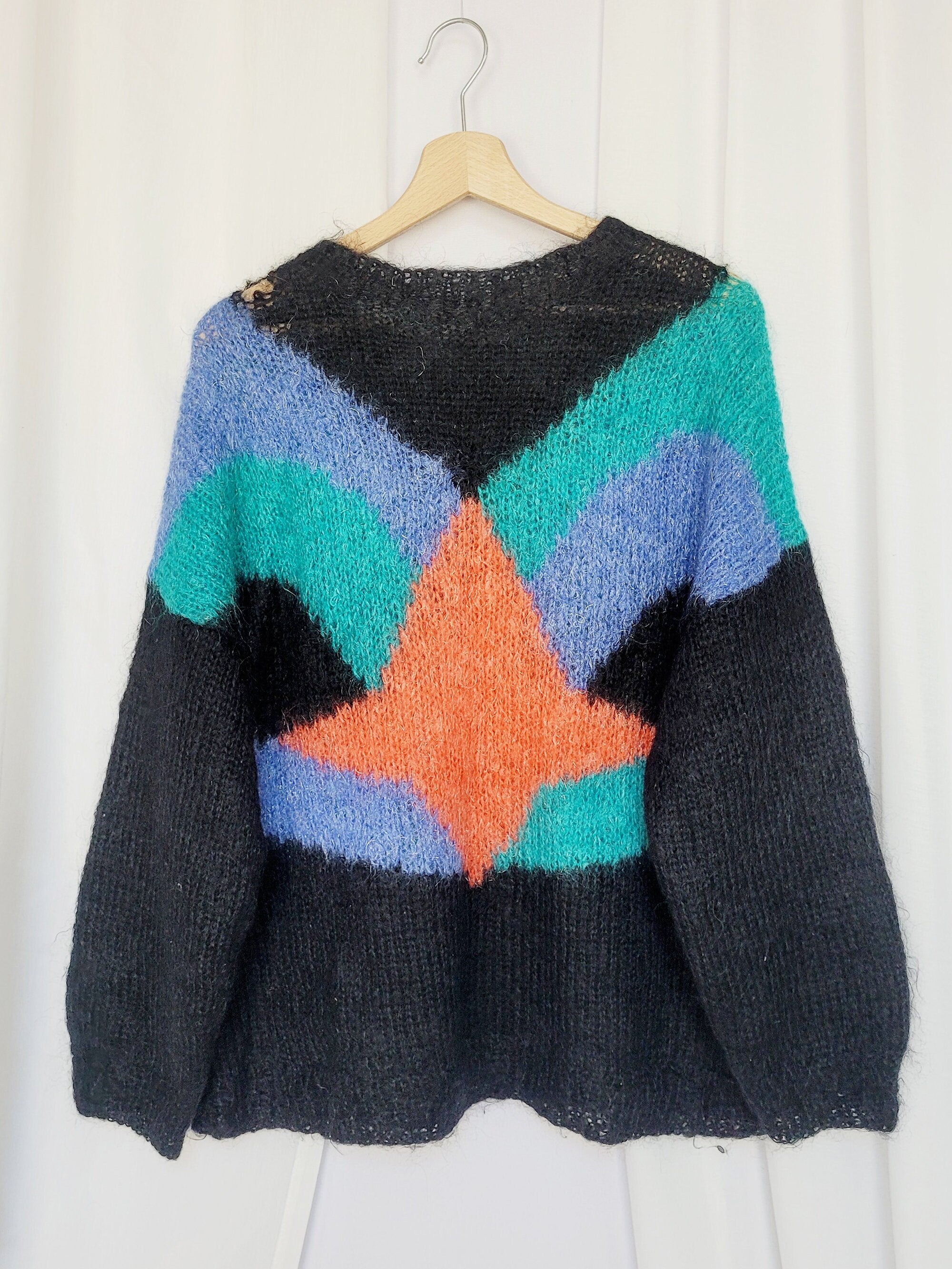 Retro 90s black handknit color block front oversize sweater