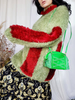 Load image into Gallery viewer, 90s handknit green &amp; red fluffy furry slouchy sweater top
