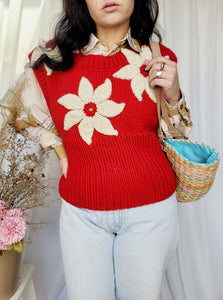 Handmade red floral pattern cable knit sleeveless sweater, MELLINA VINTAGE knitted top, S-M size, Woolen knitwear