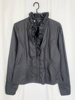 Load image into Gallery viewer, 90s retro black striped smart casual ruffle shirt blouse
