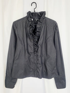90s retro black striped smart casual ruffle shirt blouse