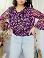 Load image into Gallery viewer, 80s purple floral flare sleeve bow collar smart blouse top
