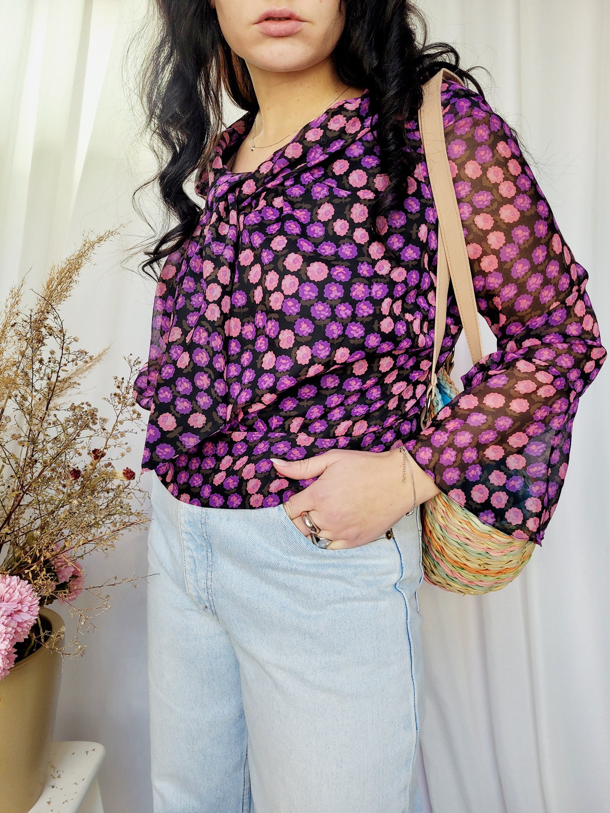 80s purple floral flare sleeve bow collar smart blouse top