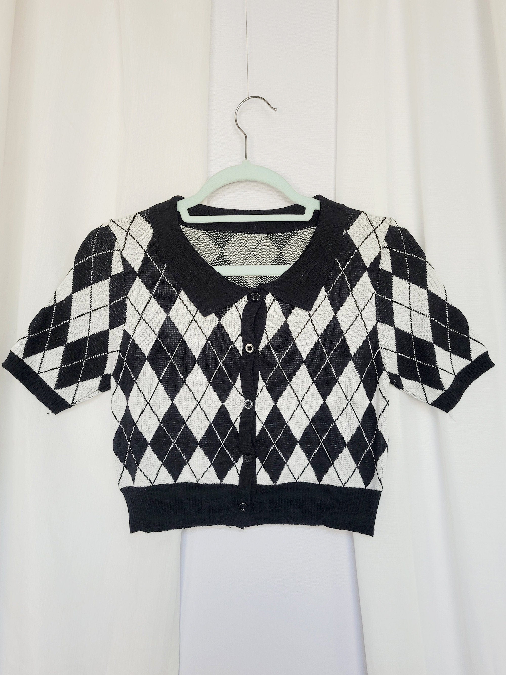 90s retro monochrome argyle knit short sleeve buttons top