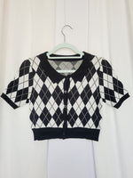 Load image into Gallery viewer, 90s retro monochrome argyle knit short sleeve buttons top
