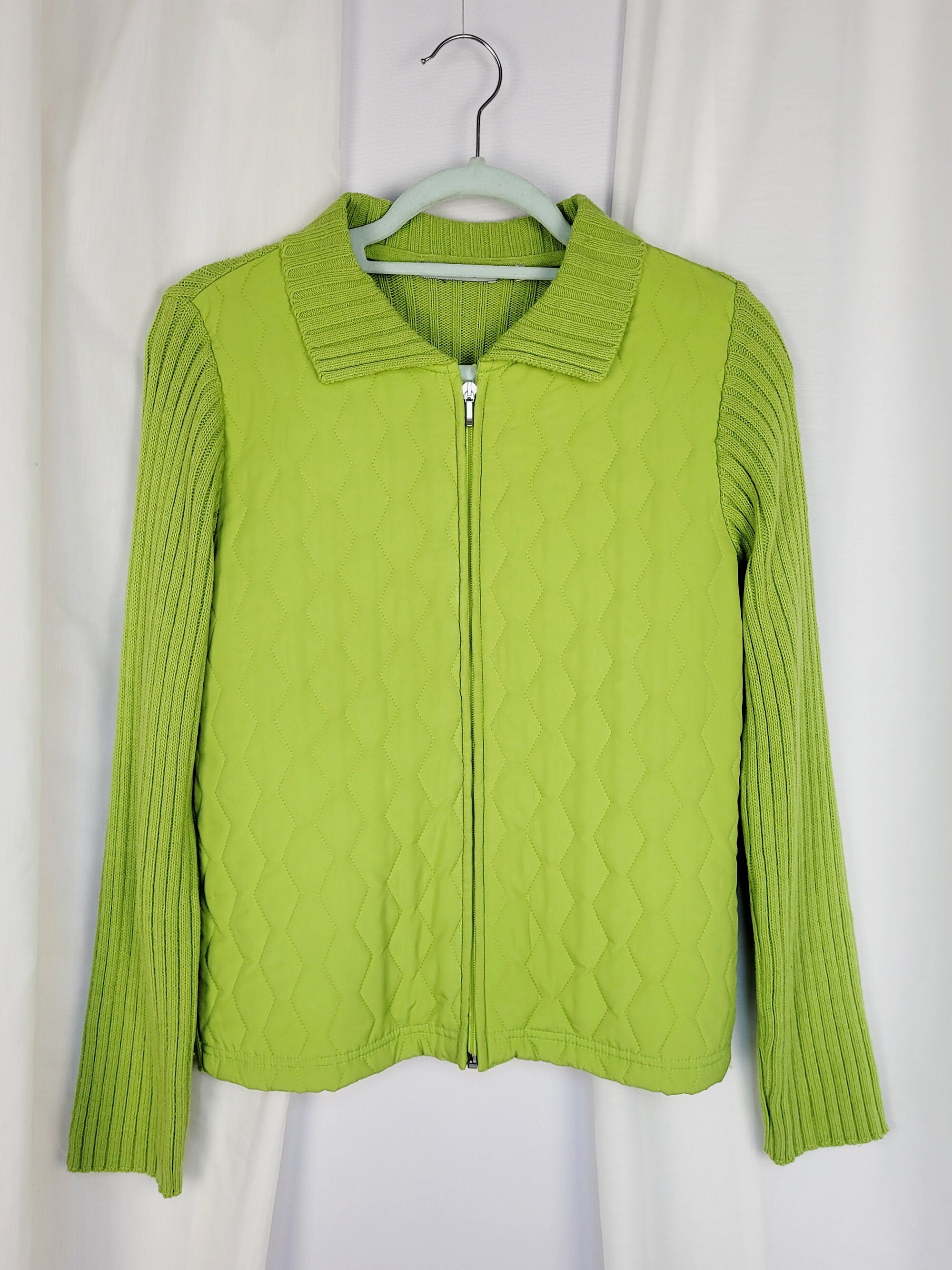 90s vintage green padded knit combo zipped cardigan jacket