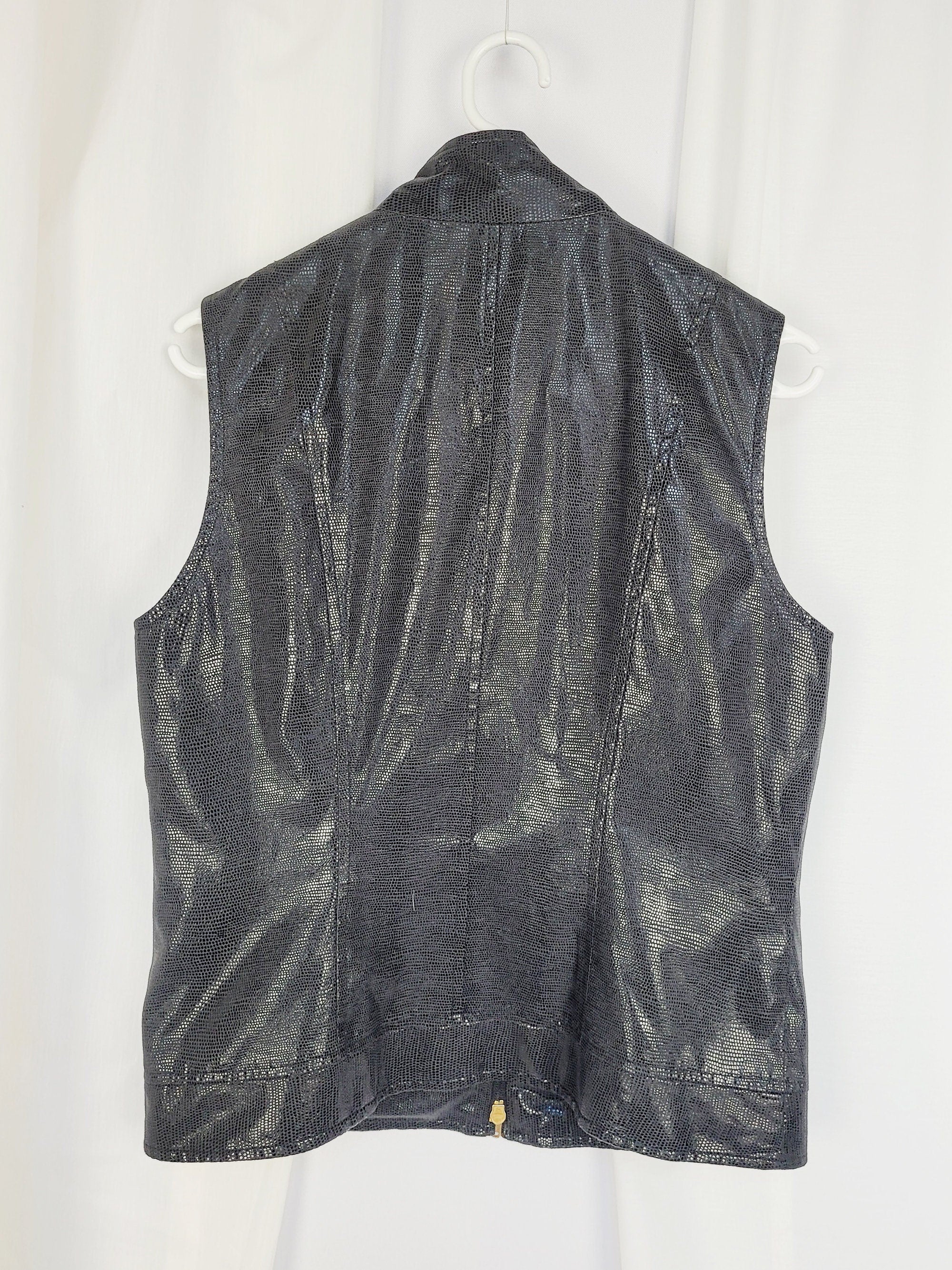 Y2K 00s black wet look glossy reptile pattern zip vest gilet