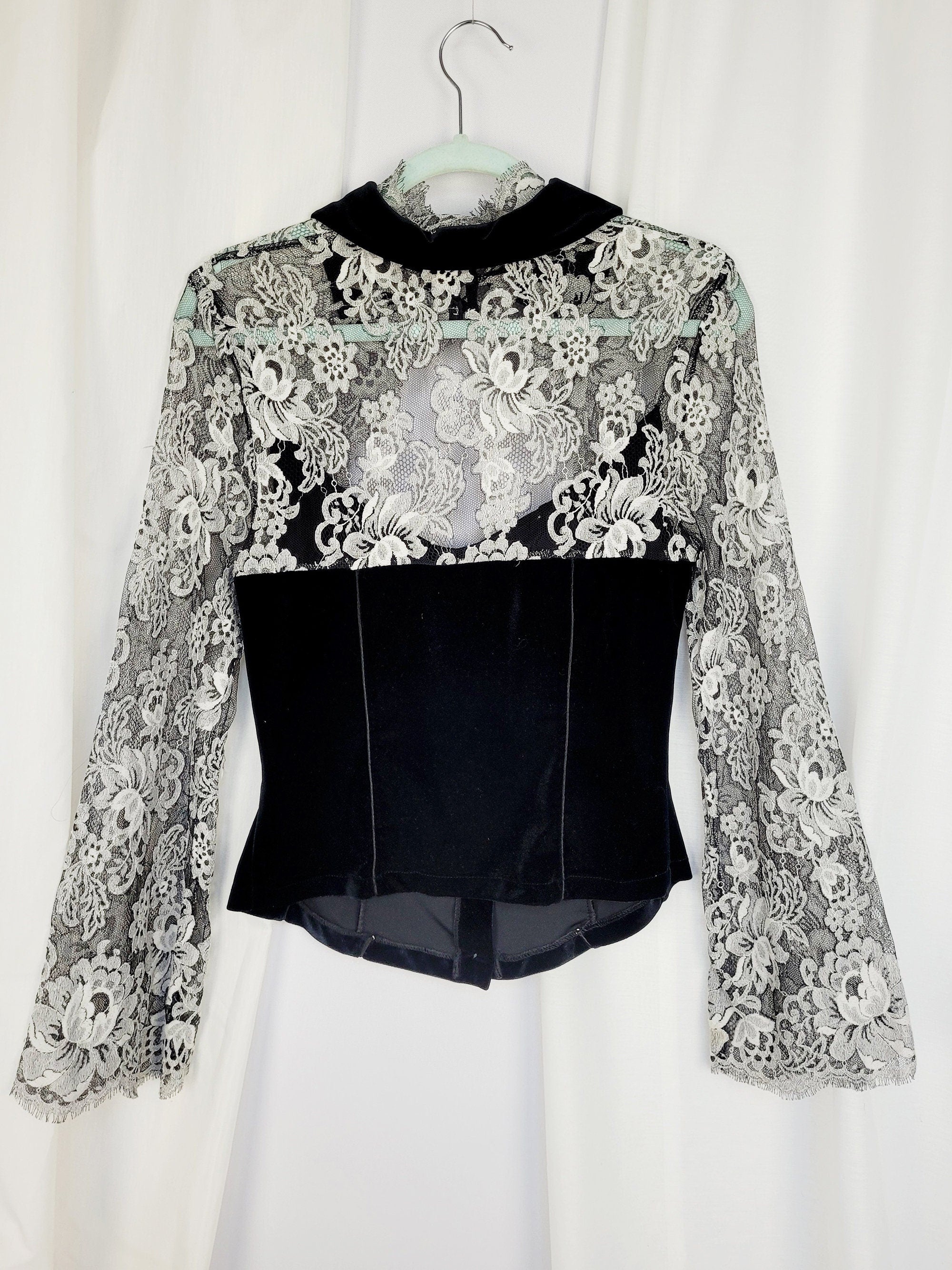 Retro 90s sexy black velveteen lace sleeve keyhole blouse