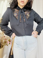 Load image into Gallery viewer, 80s vintage black sheer embroidery bow collar blouse
